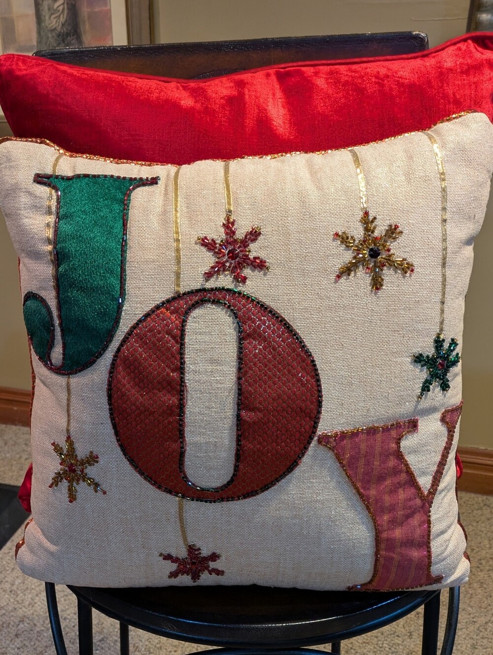 Pier 1 Imports JOY Christmas Holiday Throw Pillow Embellished Beaded  15" Square